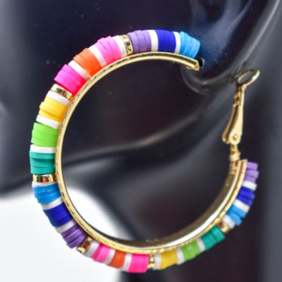 (C) COLORFUL RUBBER DISC GOLD TONE LEVERBACK HOOPS - Picture 3 of 12